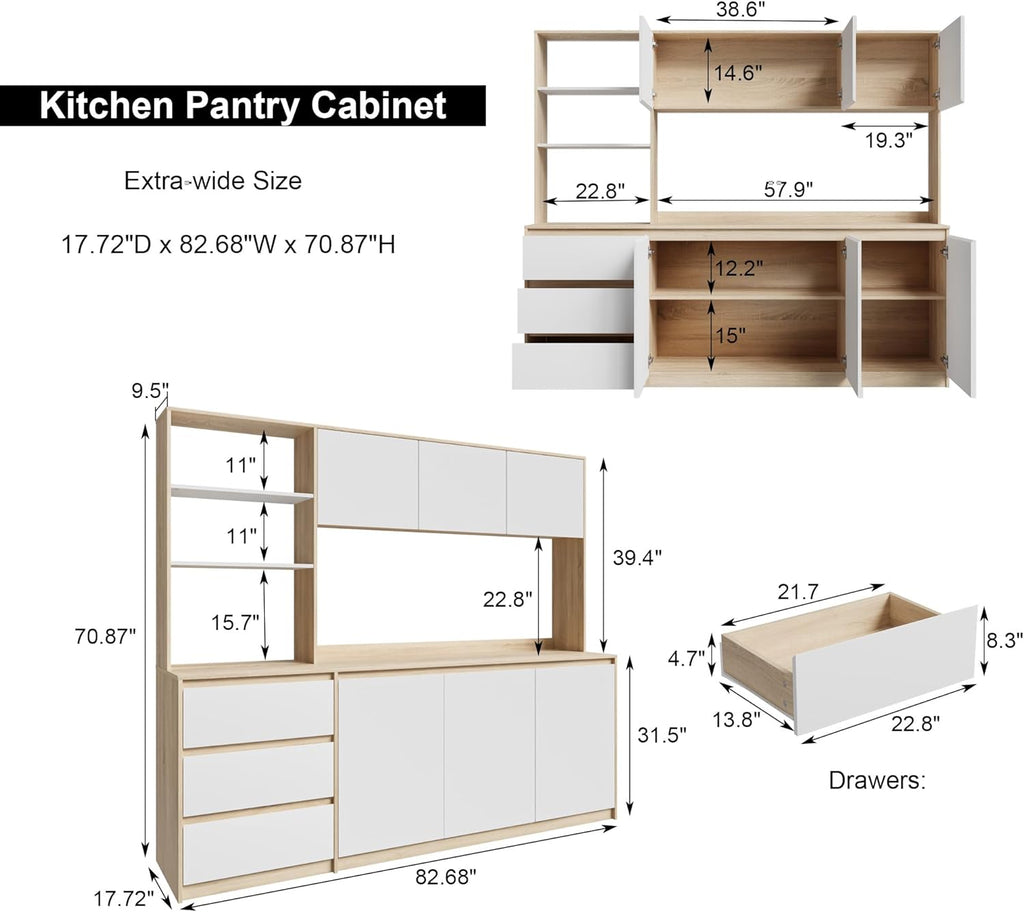 Mekminop Extra Large Kitchen Pantry with Microwave Shelf, Kitchen Hutch Storage Cabinet with Countertop, Freestanding Countertop Cabinet with 3 Drawers and 3 Open Shelves, White + Walnut