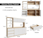 Mekminop Extra Large Kitchen Pantry with Microwave Shelf, Kitchen Hutch Storage Cabinet with Countertop, Freestanding Countertop Cabinet with 3 Drawers and 3 Open Shelves, White + Walnut