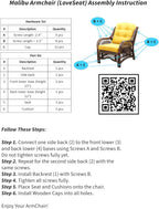 Malibu Lounge Living Accent Armchair Natural Rattan Wicker Handmade Design, Dark Brown with Black Leaf Cushion