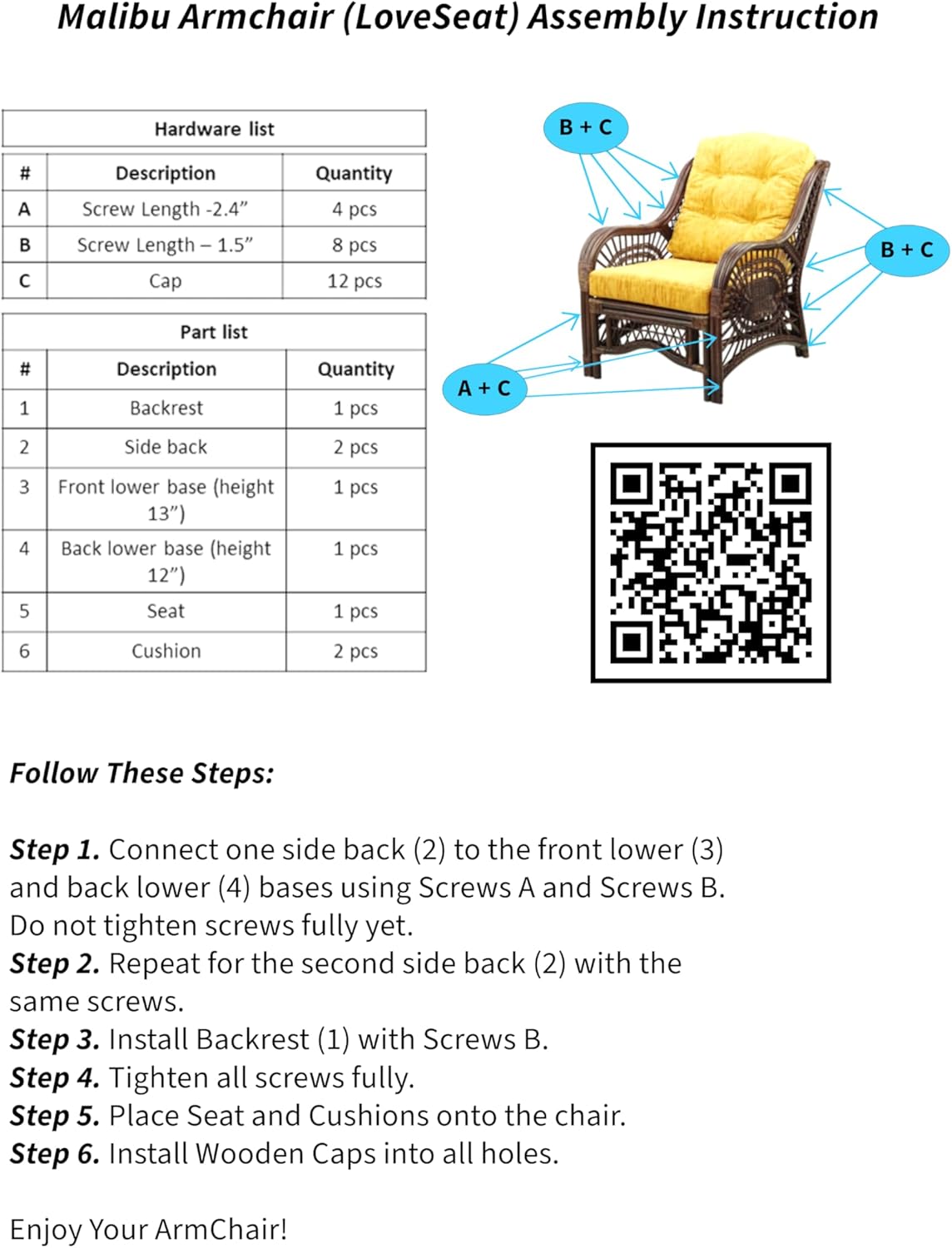 Malibu Lounge Living Accent Armchair Natural Rattan Wicker Handmade Design, Dark Brown with Black Leaf Cushion