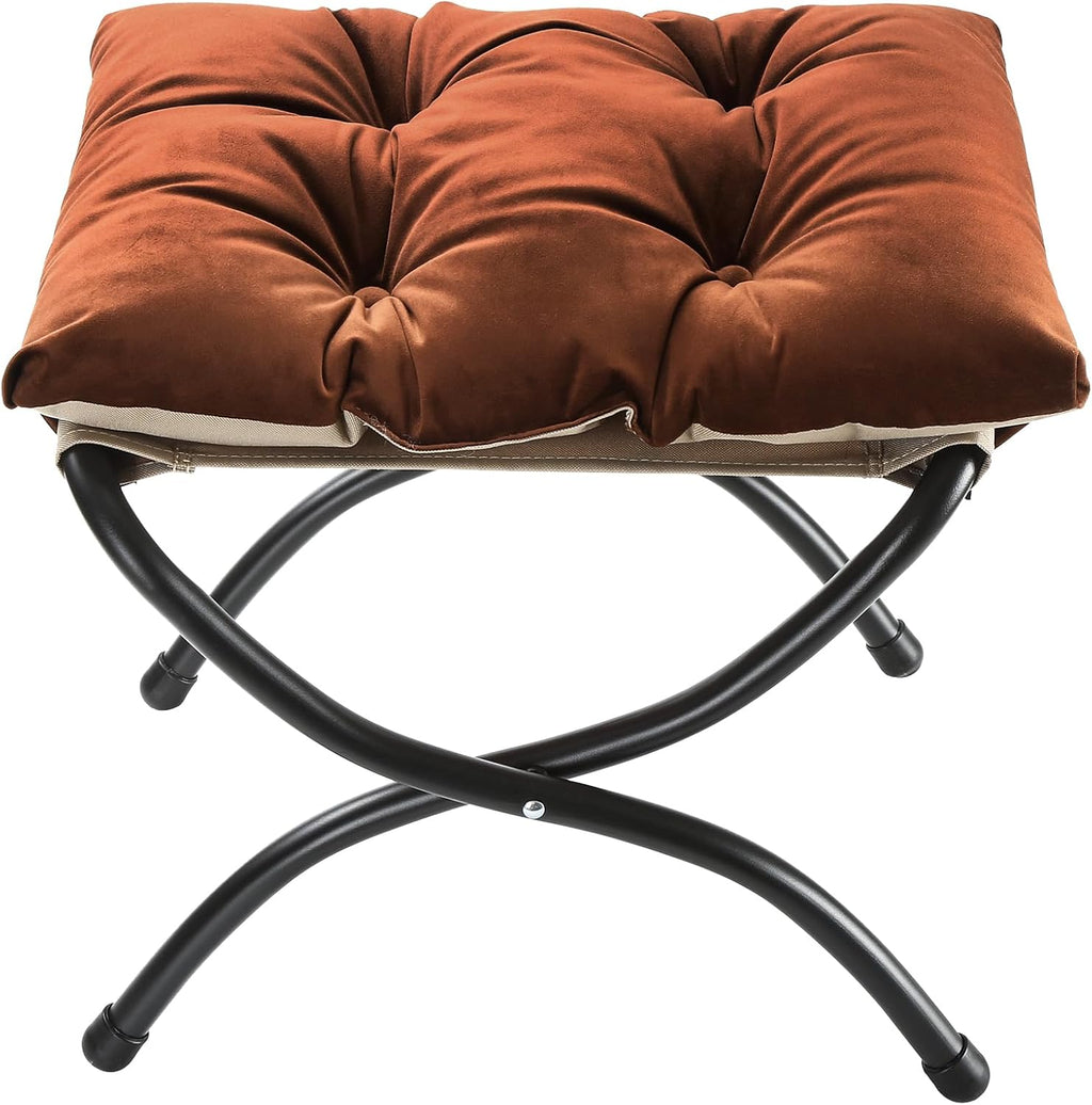 15" Upholstered Folding Foot Rest Stool with Foldable Metal Frame Brown | Indoor/Outdoor Footrest Washable Ottoman Footstool Compact Size 18.5"×14.8"×15" for Living Room, Bedroom, Patio