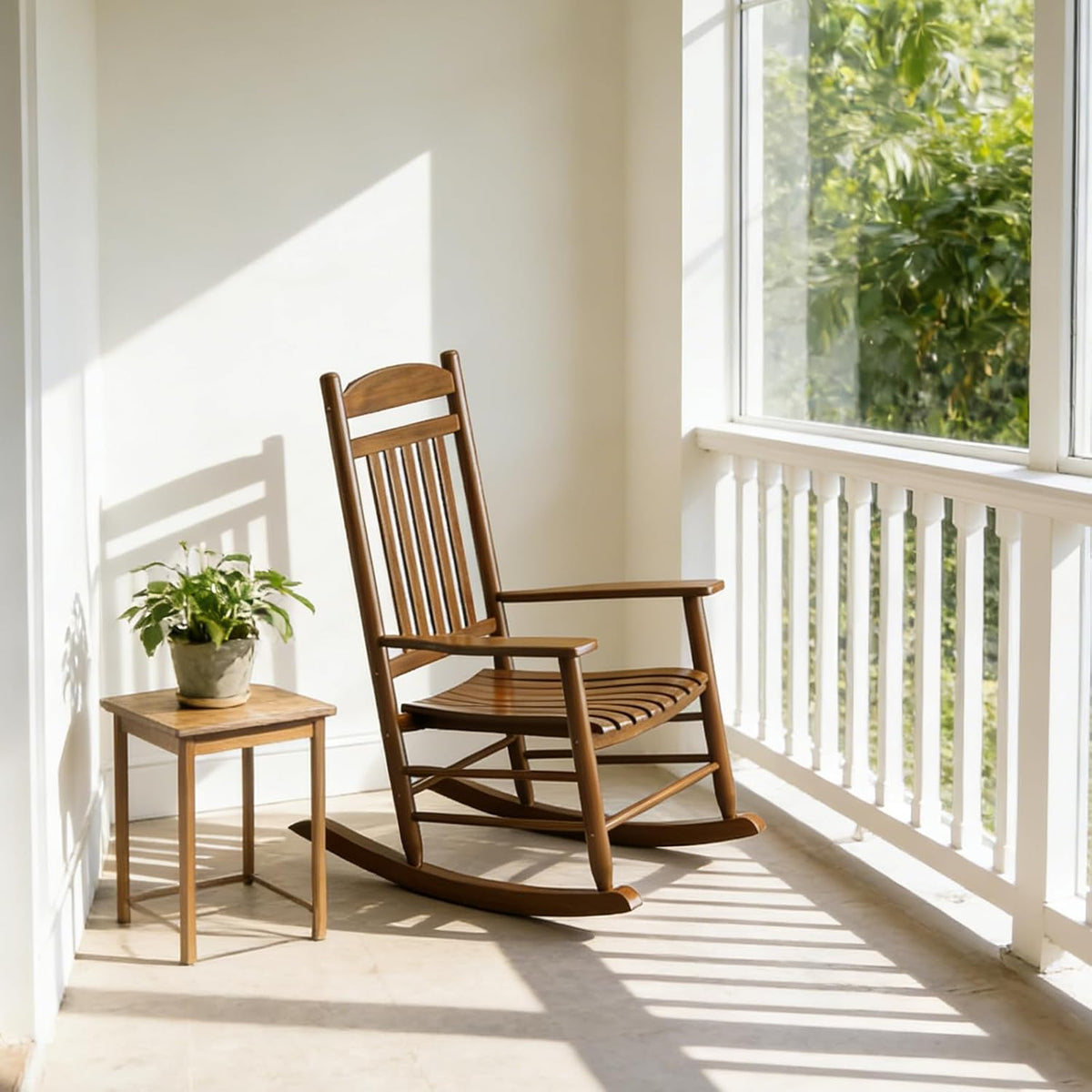 Wooden Outdoor Rocking Chair, Weatherproof Oversized Rocking Chair, Heavy Duty Comfort Brown 450 lbs Weight Capacity, Solid Relaxing Rocker Brown High Back for Patio, Porch, Living Room,