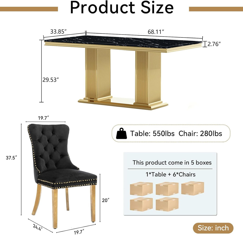 Black Marble Dining Table Set for 6,68 inch Black Marble Table with Golden Double Column Stainless Steel Base, Faux Marble Kitchen Table and Velvet Chairs Set of 6, Dining Room Table Set for 6