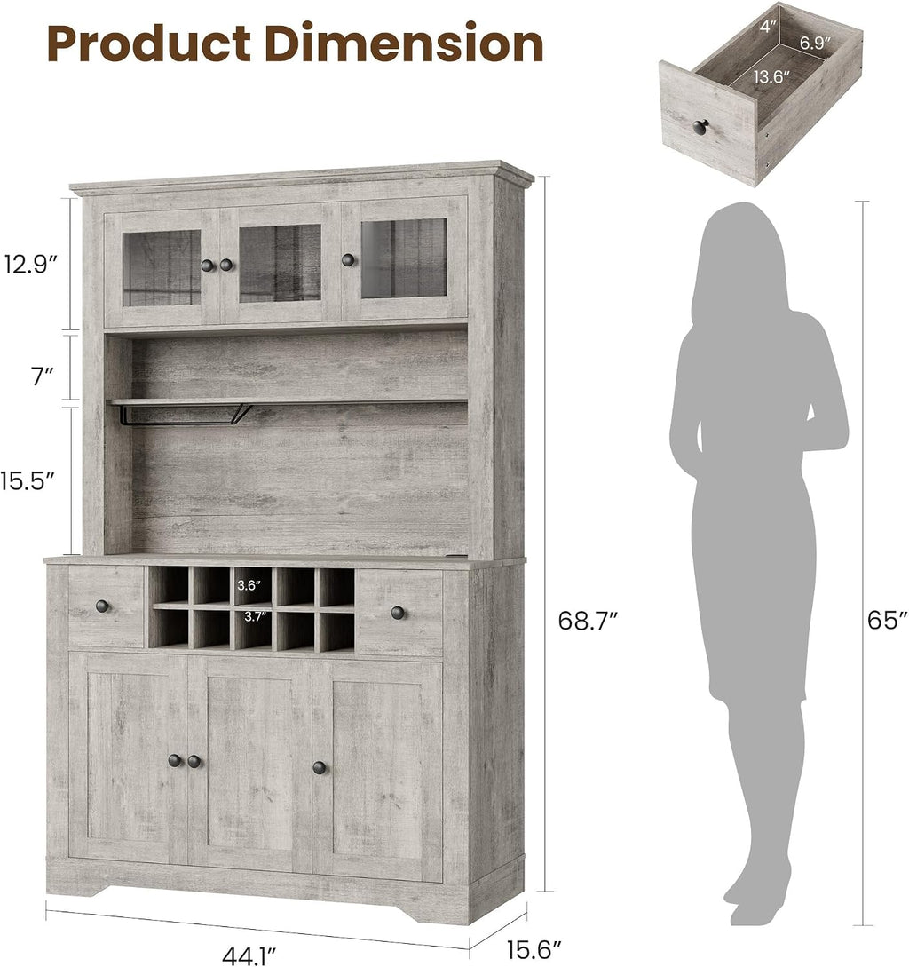 GAOMON 69" Pantry Cabinet with LED Light & Charging Station, Kitchen Pantry Storage Cabinet with Drawer & Adjustable Shelves, Coffee Bar Table for Kitchen Room, Living Room, Dining Room, Grey
