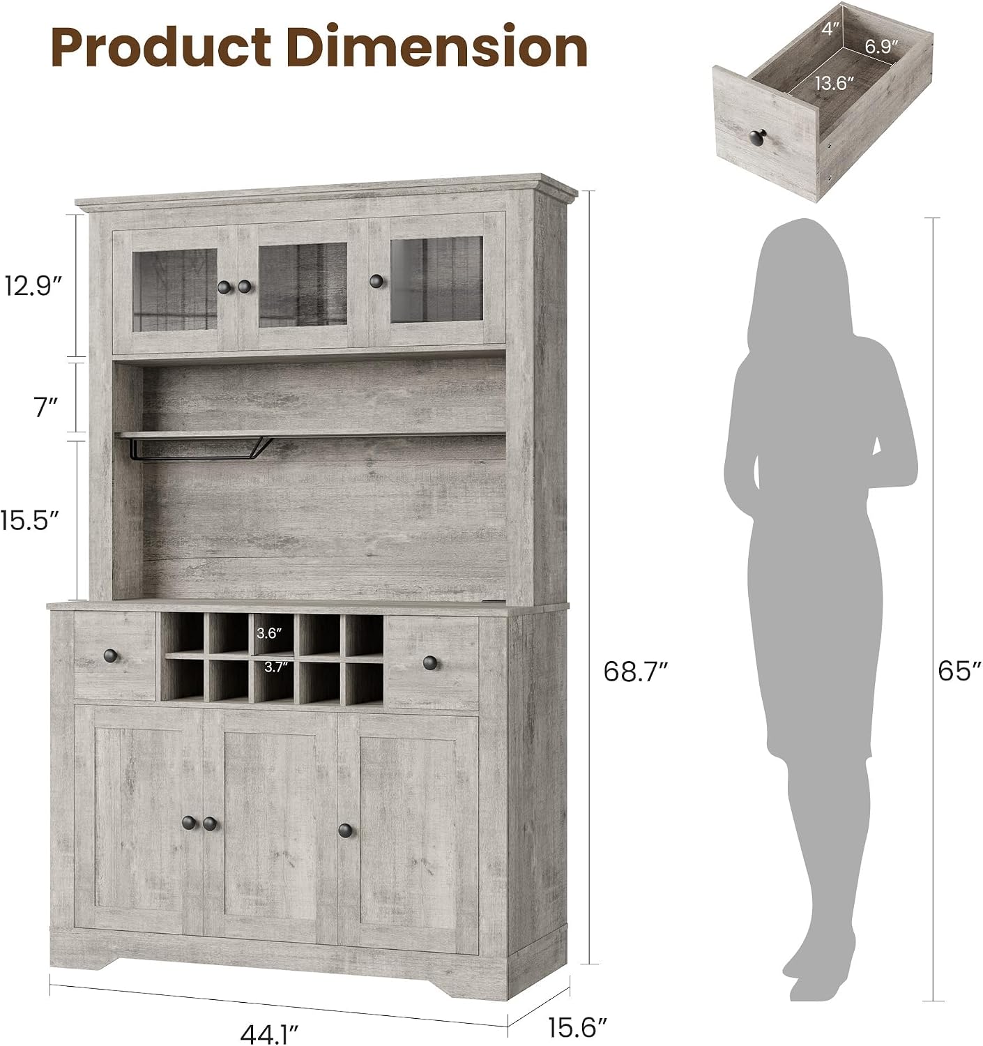 GAOMON 69" Pantry Cabinet with LED Light & Charging Station, Kitchen Pantry Storage Cabinet with Drawer & Adjustable Shelves, Coffee Bar Table for Kitchen Room, Living Room, Dining Room, Grey