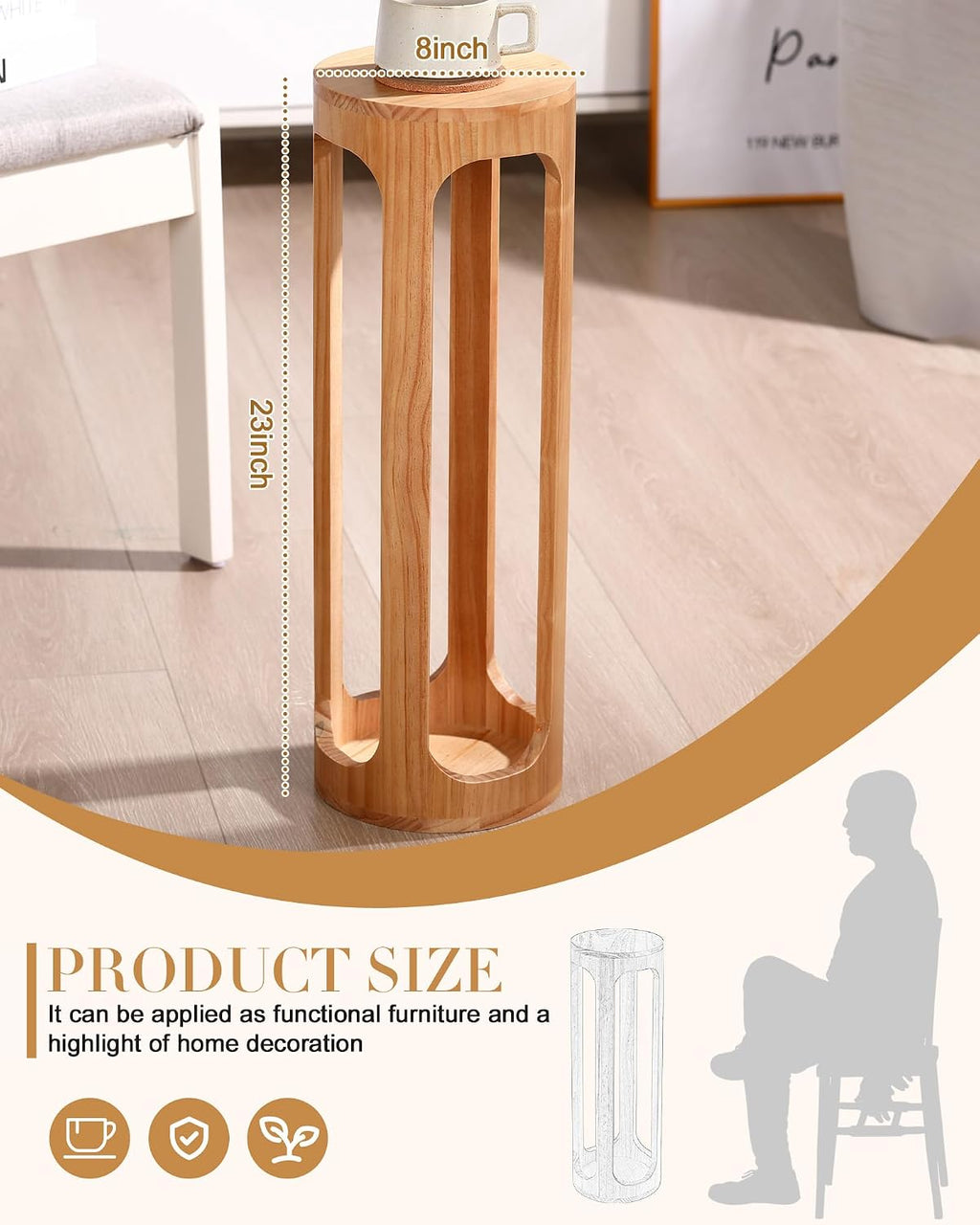 CroBlissful Small End Table 8 x 23 Small Side Table Wooden Round Coffee Drink Desk Burlywood Boho Circle Wood Accent Pedestal Desk for Living Room Plant Stand or Bedroom Nightstand