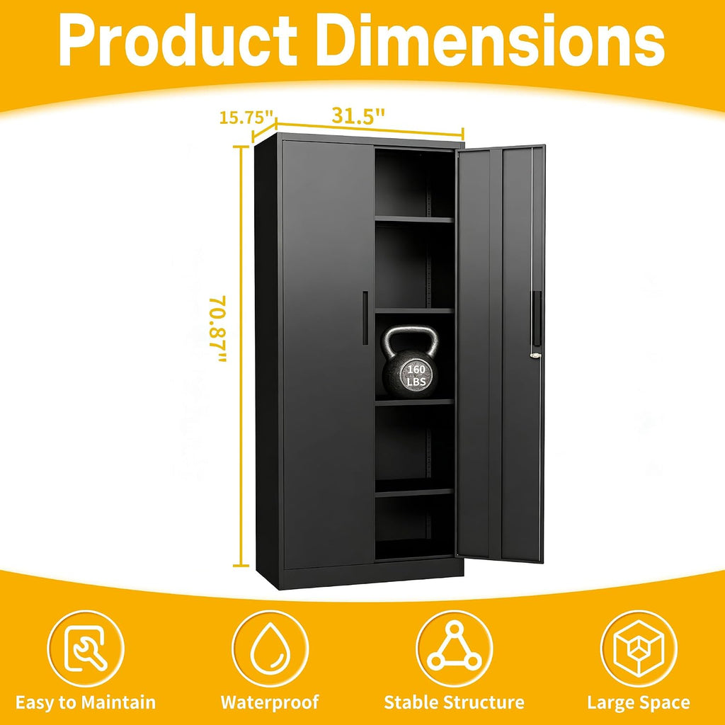Metal Storage Cabinet with 2 Doors and 4 Adjustable Shelves, 71" Garage Storage Cabinet with Anti-Tipping Design, Lockable Garage Cabinets for Office, Home, Garage, Gym, School