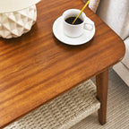 23" Mid-Century Side Table with Woven Shelf and Storage, for Living Room Couch Bedroom Patio Home Office,Dark Walnut (Side Table)