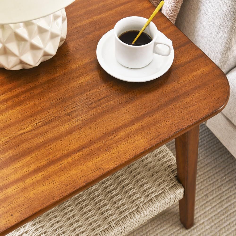 23" Mid-Century Side Table with Woven Shelf and Storage, for Living Room Couch Bedroom Patio Home Office,Dark Walnut (Side Table)