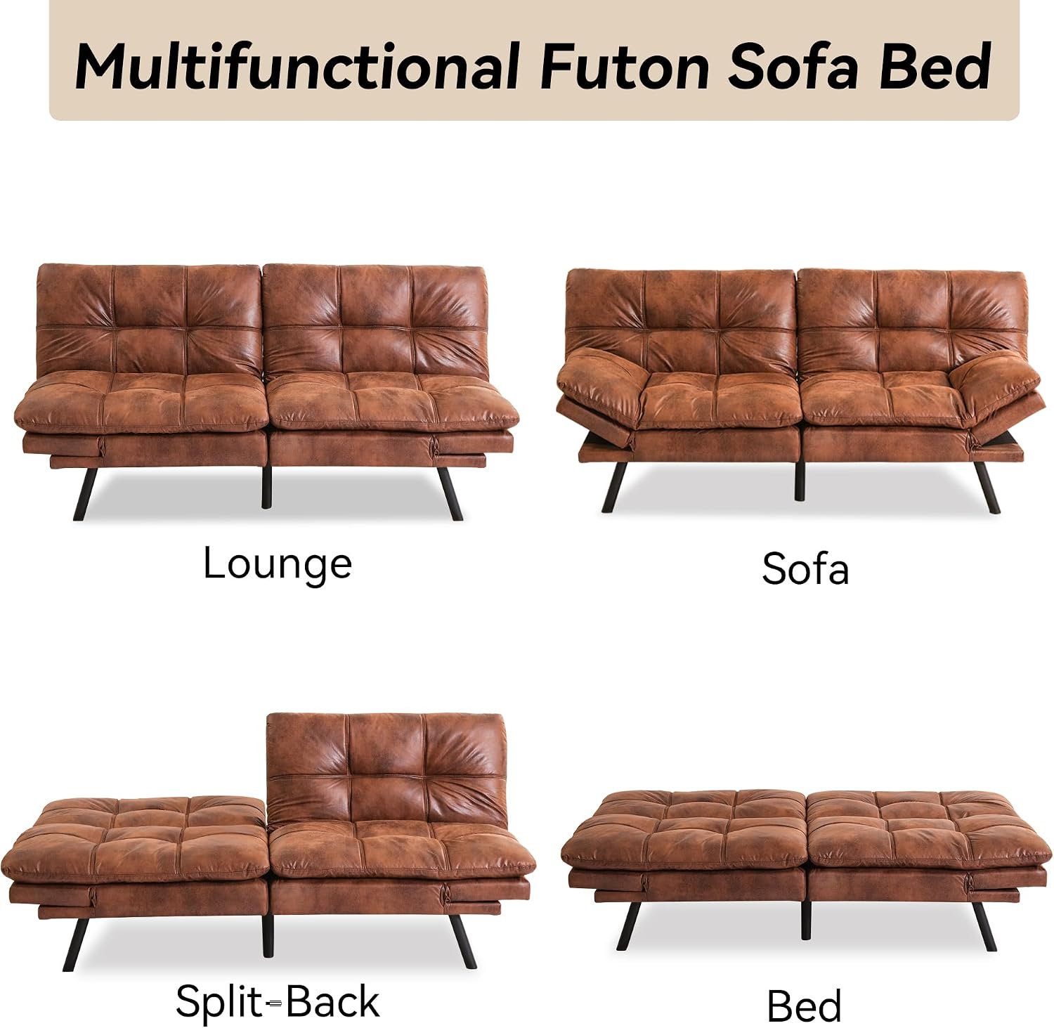 71" Convertible Futon Sofa Bed,Brown Faux Leather Futon Couch,Memory Foam Reclining Sleeper Sofa Bed,Modern Folding Small Loveseat Couches for Living Room,Office,Apartment