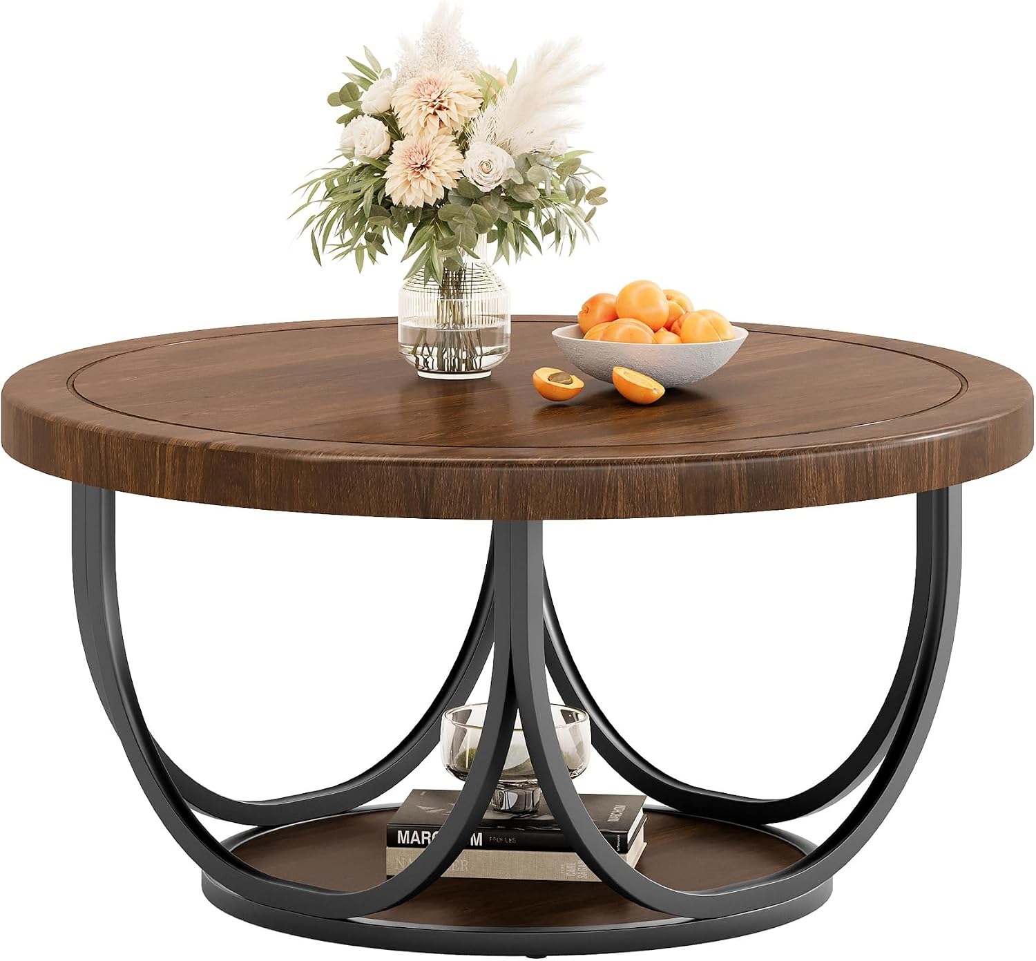 Tribesigns Round Coffee Table with 2 Tiers, 31.5" Wooden Circle Accent Cocktail Table with Storage Shelf and Metal Frame, Industrial Center Tables for Living Room, Brown & Black