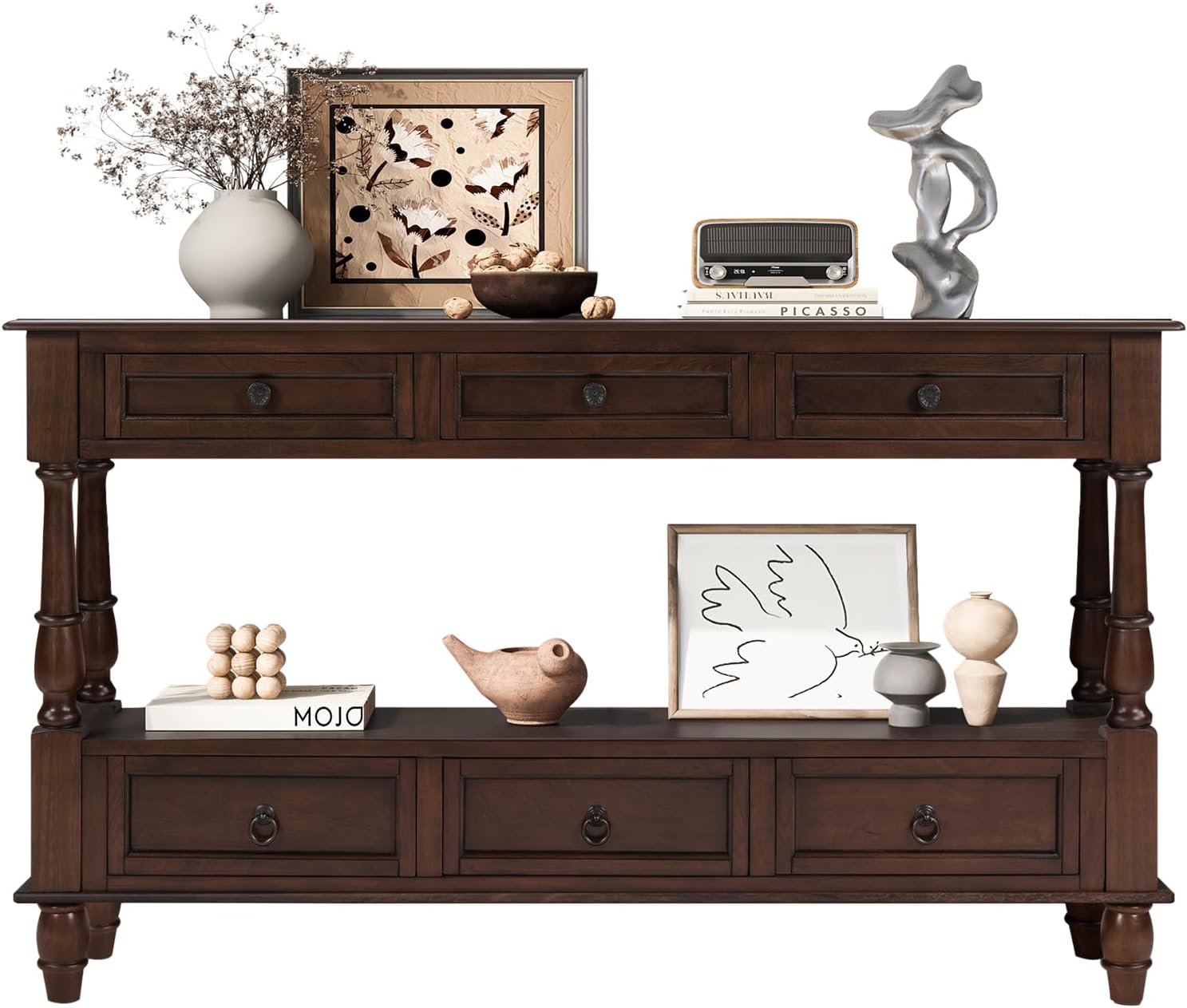 Vintage Solid Wood Console Table with 6 Drawers - 54" Hallway Sofa Table with Bottom Shelf for Entrance, Living Room & Foyer, Espresso