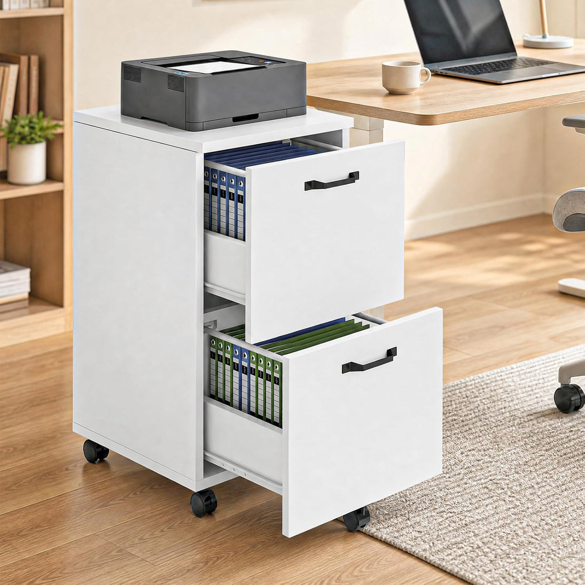Sweetcrispy 2-Drawer Rolling File Cabinet, Wood Under Desk Storage with Lockable Wheels, Mobile Printer Stand & Home Office Organizer for Documents and Office Supplies, White