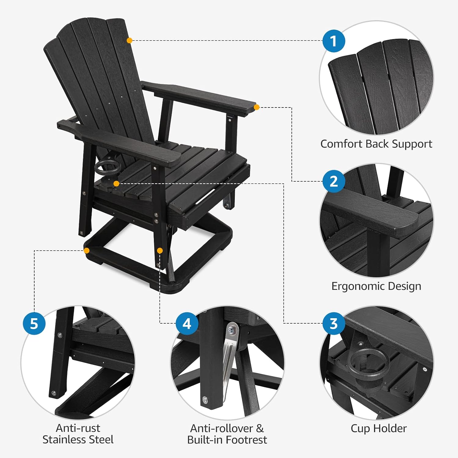 LETKIND Adirondack Swivel Glider Chair, Weather Resistant Adirondack Outdoor Rocking Chair, HDPE Glide for Outside, All-Weather Glider Chair for Porch, Balcony, Lawn, Black