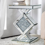 SHYFOY Glass End Tables Living Room, Glam Square Mirrored Side Table with Crushed Fax Diamond Inlay, HD Mirror Pedestal Stand, 24in Height Silver Small Accent Table for Living Room, Fully Assembled