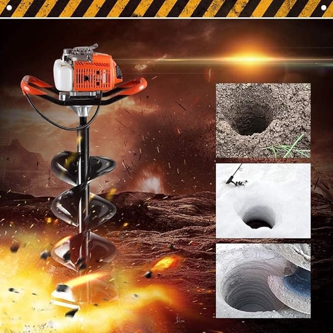 62cc Post Hole Digger 2-Stroke Petrol Gas Powered Earth Digger with 3 Extension Rods（8" 12" & 20"） + 4 Auger Drill Bits (4" 6" 8" & 12") for Farm Garden Plant
