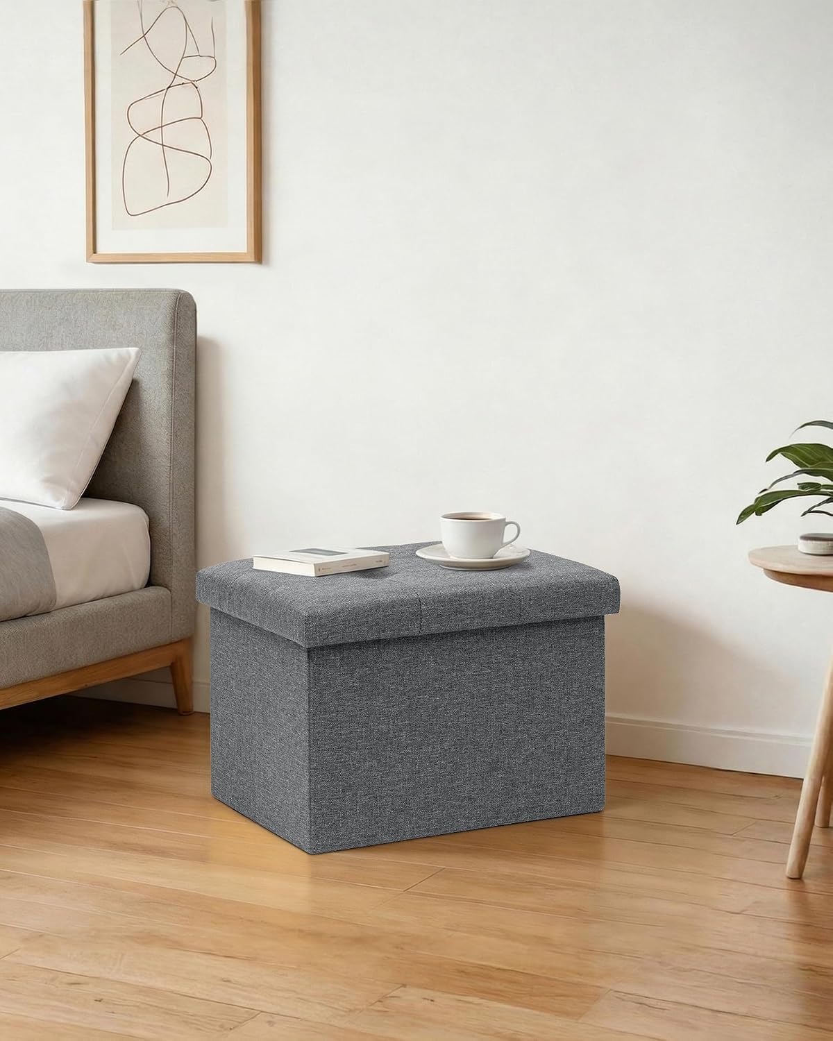 PINPLUS Button Tufted Folding Linen Storage Ottoman 16.5", 36L Collapsible Storage Cube with Lid, Supports 250 lbs, Fabric Foot Rest Ottoman for Living Room, Bedroom, Entryway,Grey