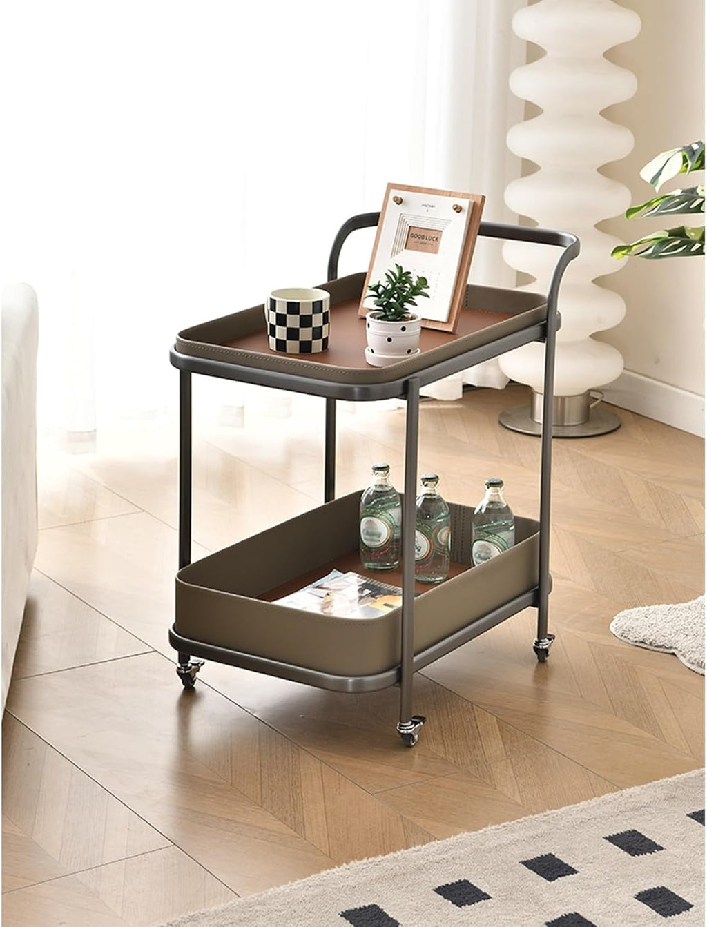 Rolling End Table, Side Table with Wheels, Modern Serving Cart Snack Table for Living Room, Small Coffee Table(Orange)