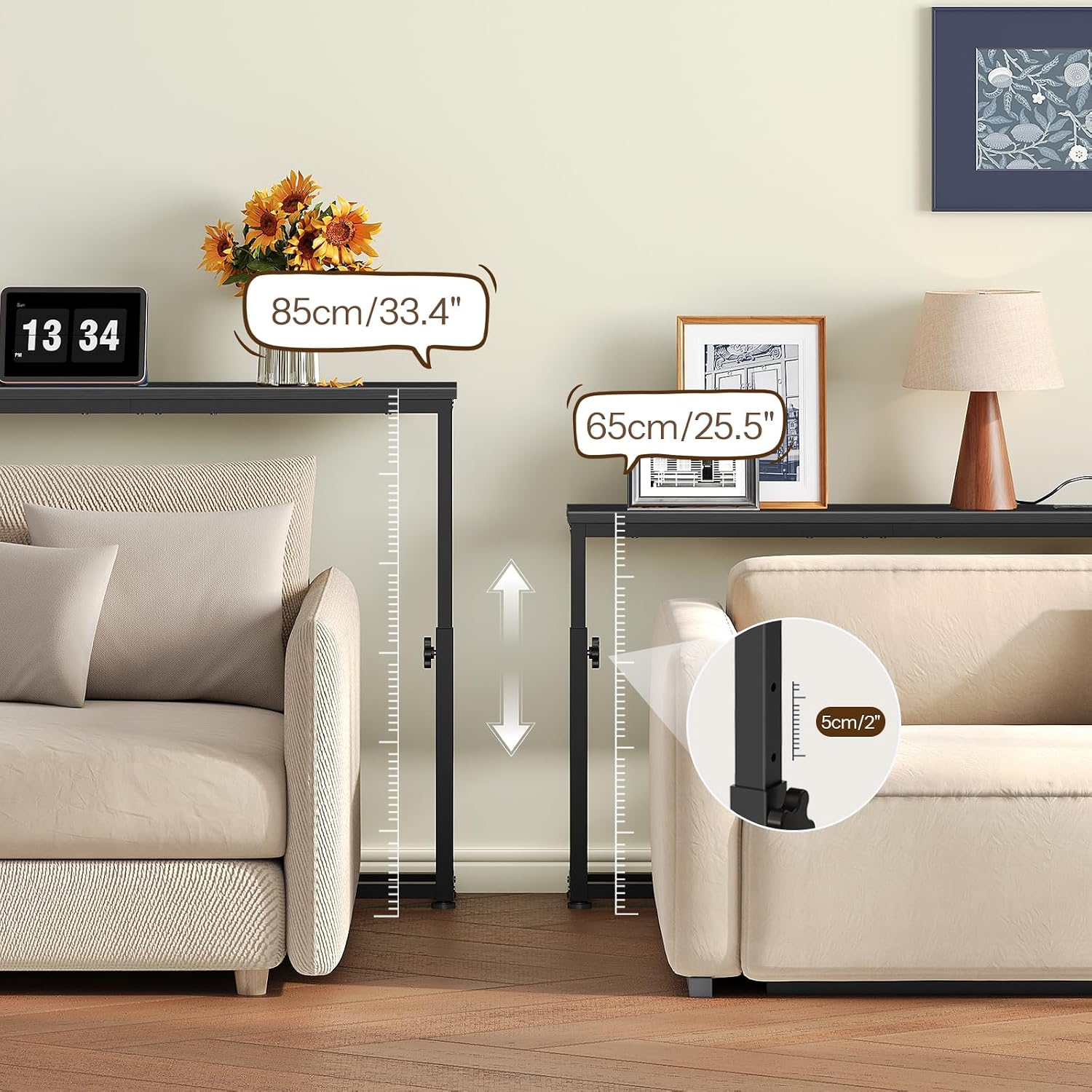 HOOBRO 78.7 Inch Narrow Console Table with Adjustable Height (25.5"-33.4") | 5.9" Sofa Table with Power Outlets, Skinny Behind Couch Table for Small Spaces, Black BB200UXG01