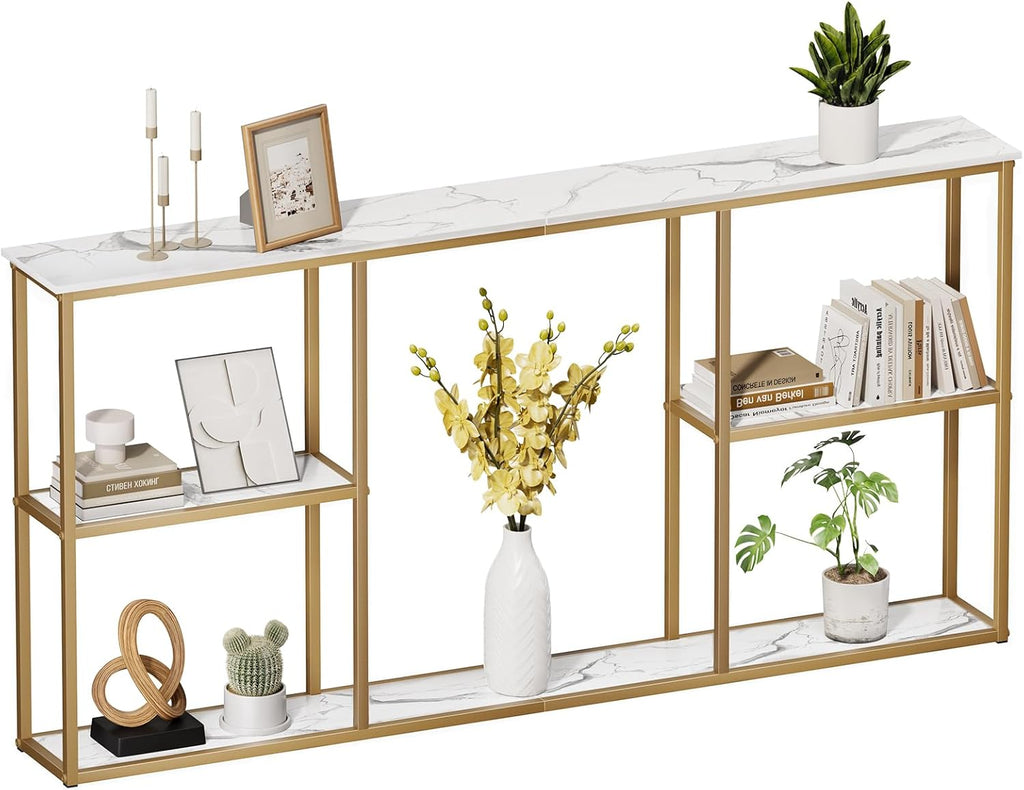 WOHOMO 63 in Entryway Table Modern Sofa Table with Shelves White Gold | 12 Inch Narrow Console Table for Living Room, 63" Hallway Table for Corridor, with 3-Tier Storage