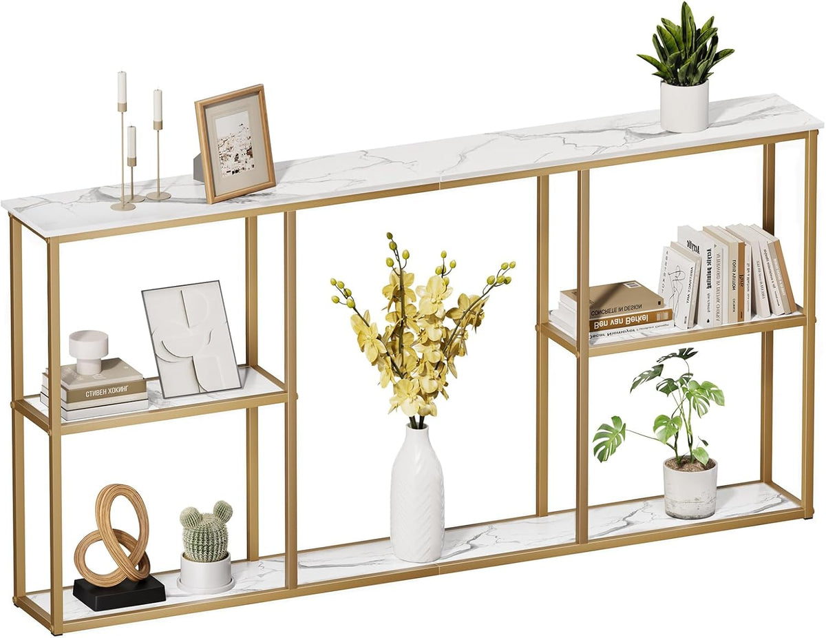 WOHOMO 63 in Entryway Table Modern Sofa Table with Shelves White Gold | 12 Inch Narrow Console Table for Living Room, 63" Hallway Table for Corridor, with 3-Tier Storage
