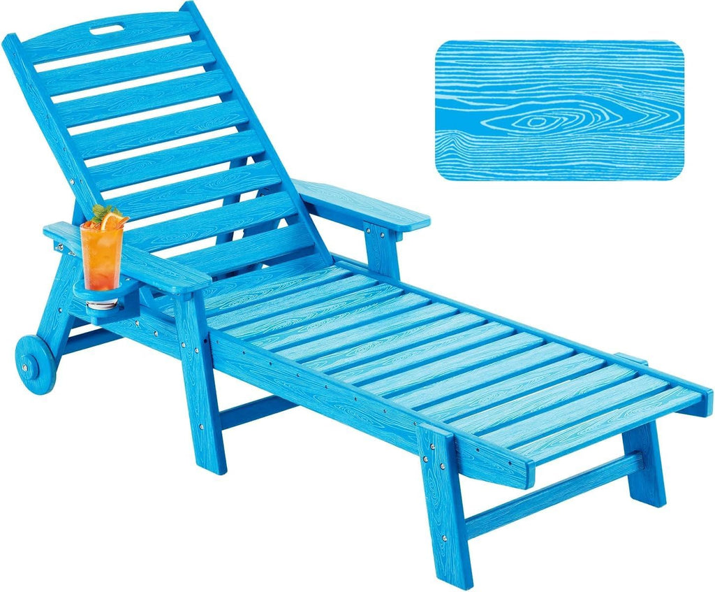 Patio Chaise Lounge Chair Outdoor with Wheels, Oversize Patio Lounge Chairs with Wood Texture, HDPE 6-Position Plastic Lounge Chairs for Poolside, Patio, Deck, Beach，Blue