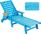 Patio Chaise Lounge Chair Outdoor with Wheels, Oversize Patio Lounge Chairs with Wood Texture, HDPE 6-Position Plastic Lounge Chairs for Poolside, Patio, Deck, Beach，Blue