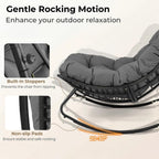 Tangkula Outdoor Papasan Rocking Chair, Oversized Egg-Shaped Rocker with Thick Cushioned Seat, Heavy Duty Metal & Weather-Resistant Wicker Frame, Non-Slip Pads for Patio, Balcony, Garden (Gray)