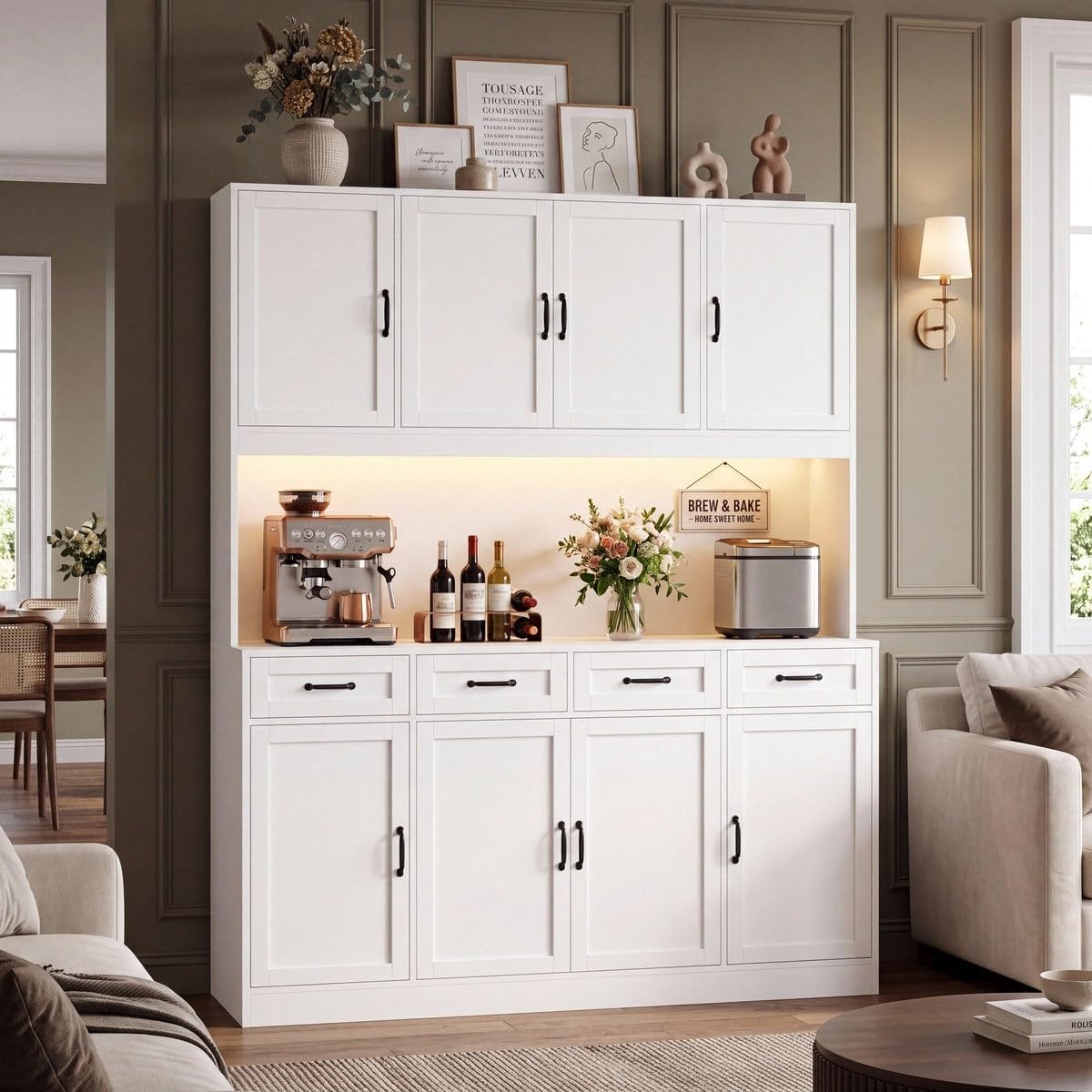 HITHOS 73" Tall Kitchen Pantry Storage Cabinet, Large Charging Hutch, White | Wood Kitchen Pantry Cabinet with Charging Station, Kitchen Hutch Storage Cabinet with Countertop, Food Pantry with LED Light