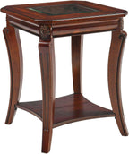 Square High End Side Table with Tempered Glass Top, Farmhouse Sofa Beside Table with Storage Shelf, Living Room Corner Tables with Wood Carved legs, 23.8”H Telephone Tabless, Cherry Brown CJZ-A1168-GT