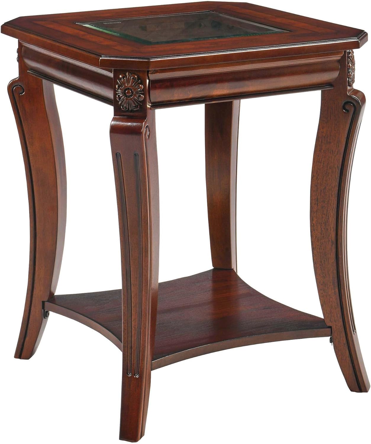 Square High End Side Table with Tempered Glass Top, Farmhouse Sofa Beside Table with Storage Shelf, Living Room Corner Tables with Wood Carved legs, 23.8”H Telephone Tabless, Cherry Brown CJZ-A1168-GT