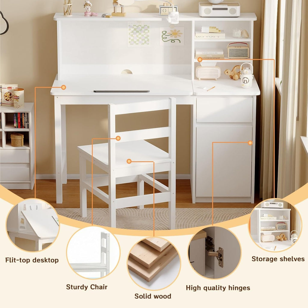 MOUMON Drafting Table and Chair Set, Artist Desk with 0-40° Tilting Top and Hutch, Solid Wood Legs, Drawer and Storage Cabinet, White 43.3”W x 18.9”D x 40.2”H