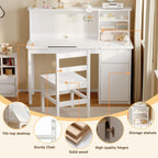 MOUMON Drafting Table and Chair Set, Artist Desk with 0-40° Tilting Top and Hutch, Solid Wood Legs, Drawer and Storage Cabinet, White 43.3”W x 18.9”D x 40.2”H