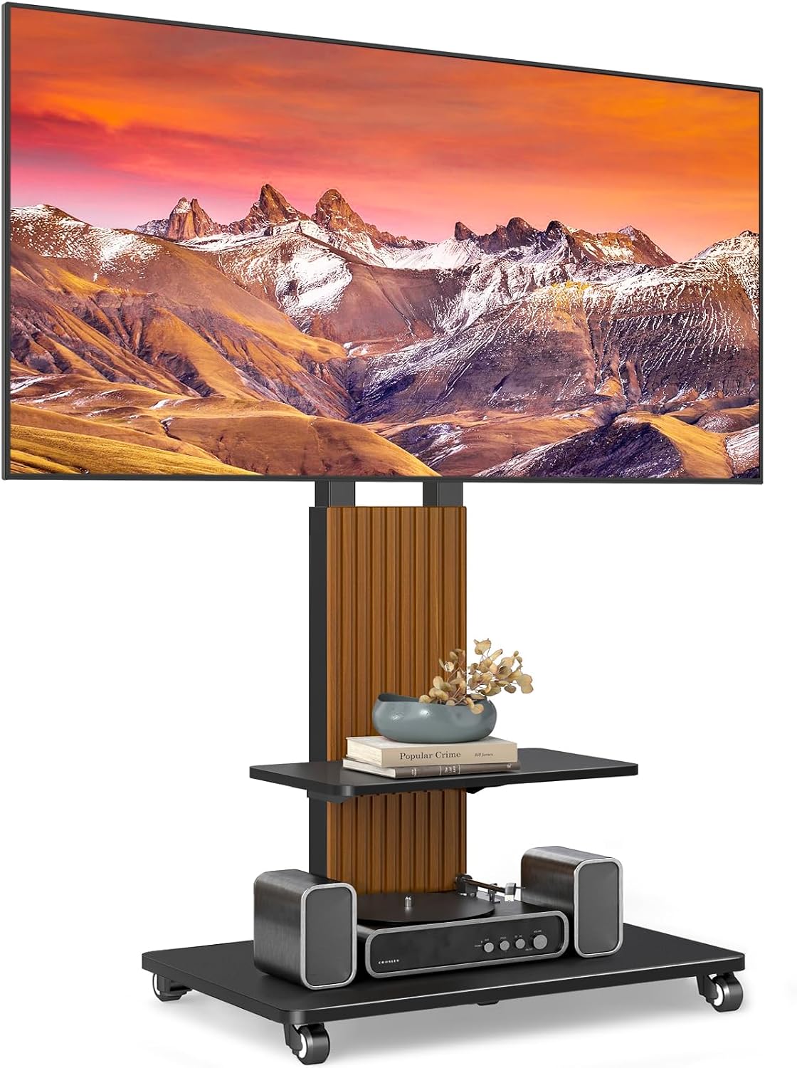 TVON Heavy Duty Rolling TV Stand for 55-100 inch Large Screens | Supports up to 172 lbs (150 lbs TV + 22 lbs Shelf), Mobile TV Cart with Wooden Base and Alloy Wheels, Black and Walnut