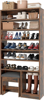 DWVO Shoe Cabinet with Hidden Bench, 8 Tiers Free Standing Shoe Racks, 70.9'' Tall Shoe Cabinet with Open Storage & High Boots Cubby for Entryway, Living Room, Rustic Brown