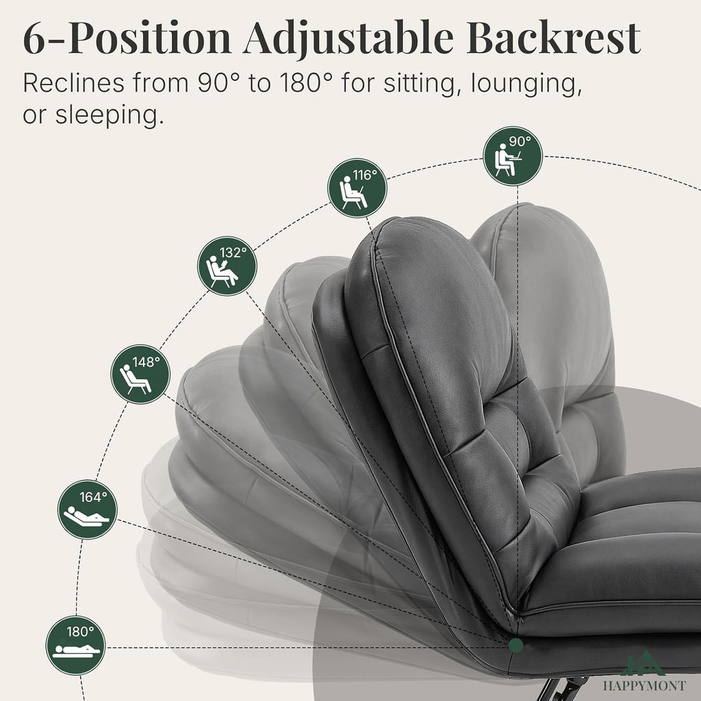 Saucer Chair, Small Foldable Floor Chair, PU Leather | Folding Adjustable Backrest, Bedroom, Living Room, Dorm, Small Spaces Apartment, Adults, Black