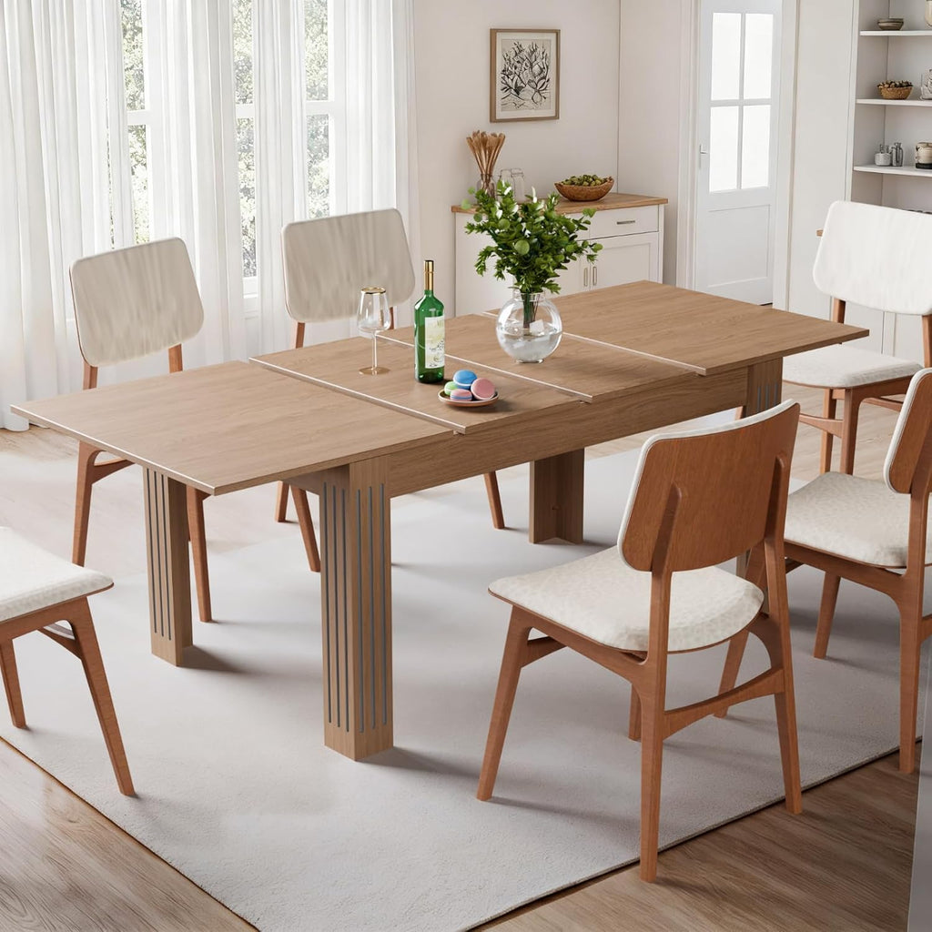 Expandable Dining Table for 4-10 People, 54 to 85 Inch Rectangular Kitchen Table with Self-Storing Leaf, Modern Engineered Wood Dining Table