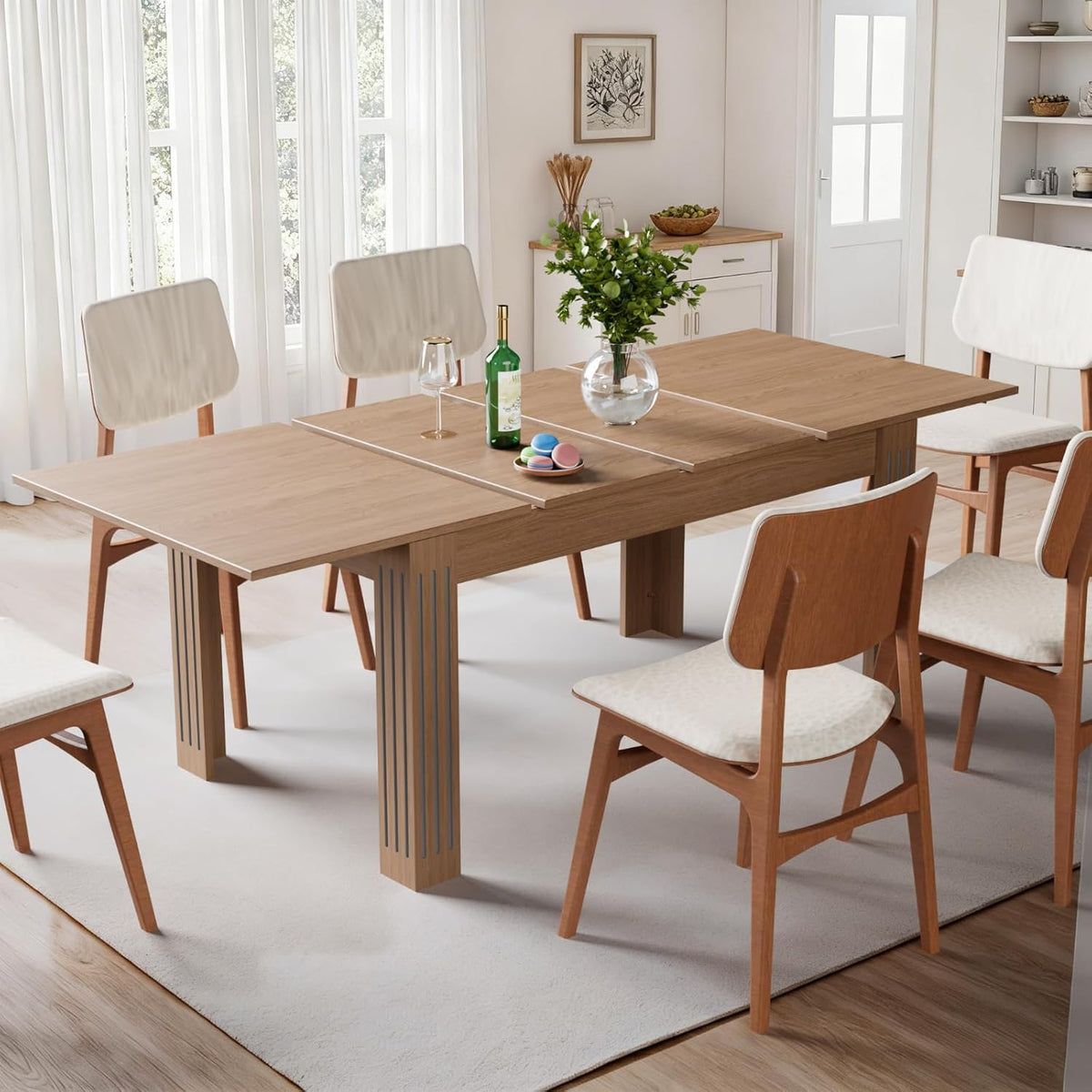 Expandable Dining Table for 4-10 People, 54 to 85 Inch Rectangular Kitchen Table with Self-Storing Leaf, Modern Engineered Wood Dining Table