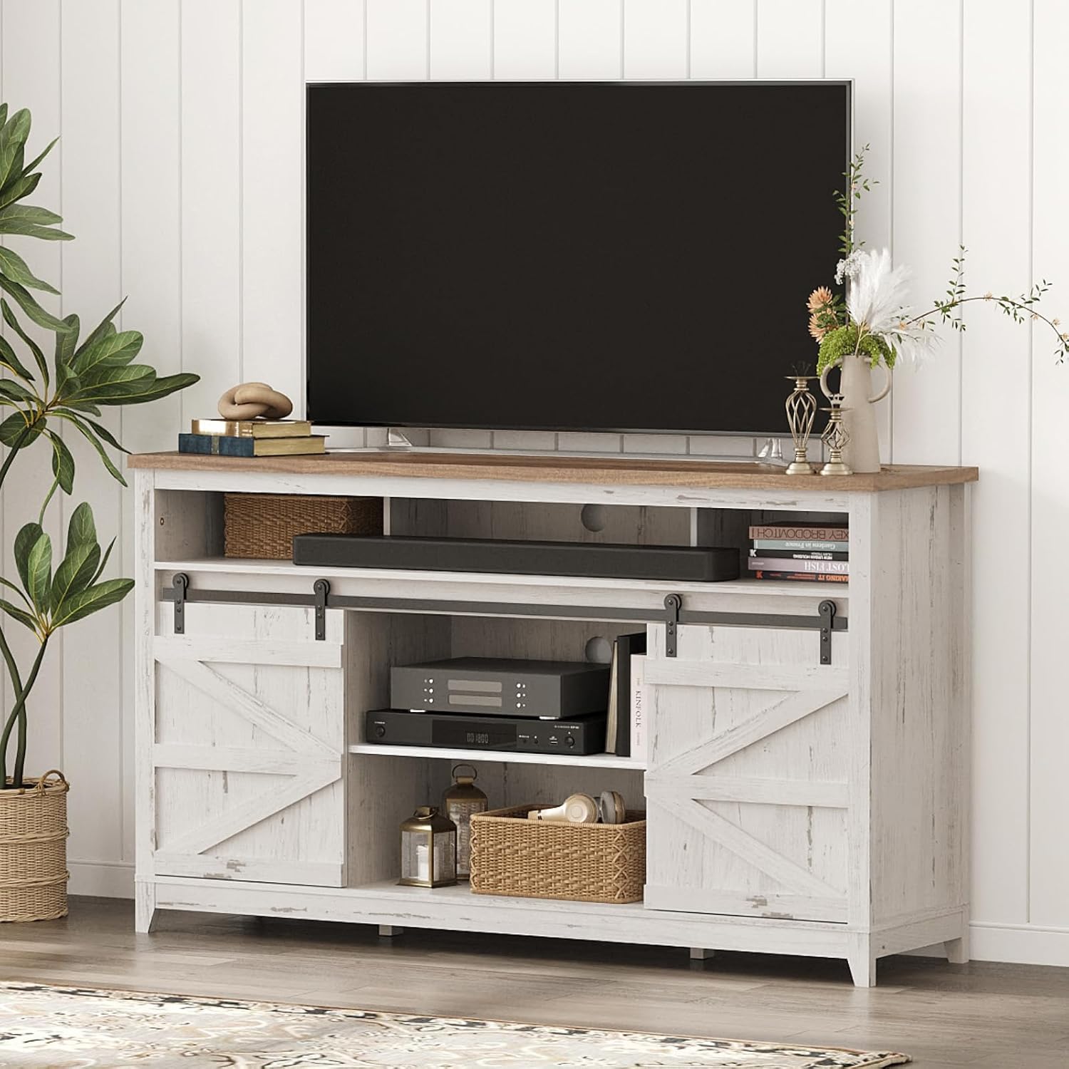 Lifewit Farmhouse TV Stand for up to 65" TV, Entertainment Center with Ajustable Shelves, Sliding Barn Door and Open Storage Spaces, TV Console for Living Room, Bedroom, Hold 300lbs, Rustic White