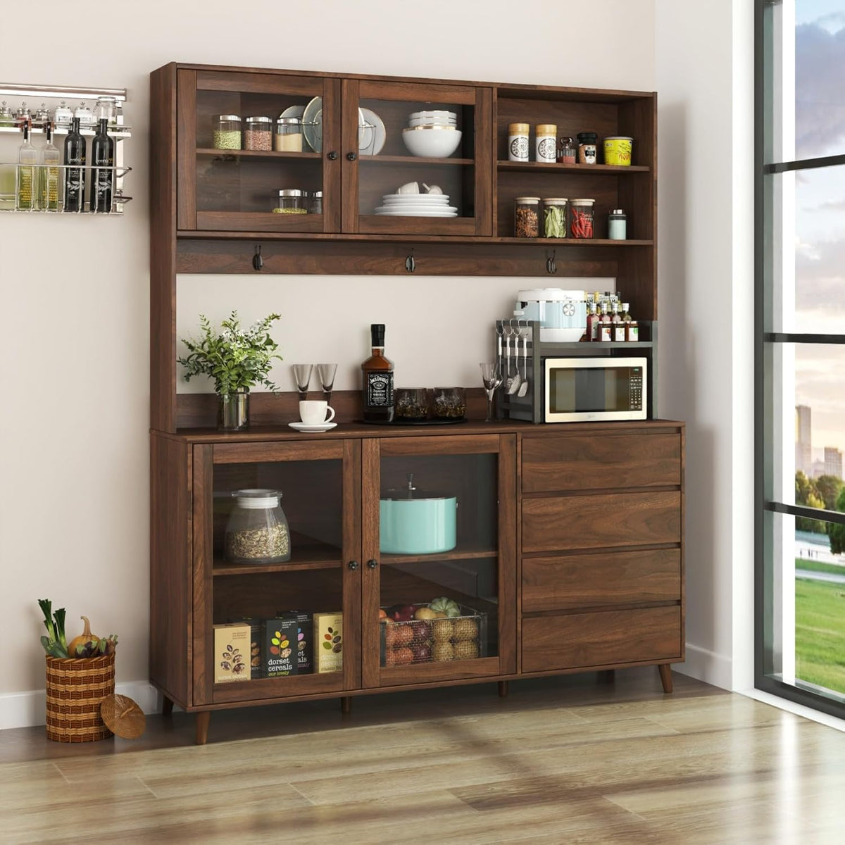 KEIKI 75" H x 63" W Kitchen Pantry Storage Cabinet with Countertop, Glass Doors, Drawers, Microwave Stand and Shelves, Tall Freestanding Wood Hutch Food Pantries Cupboard for Coffee Bar, Dining Room