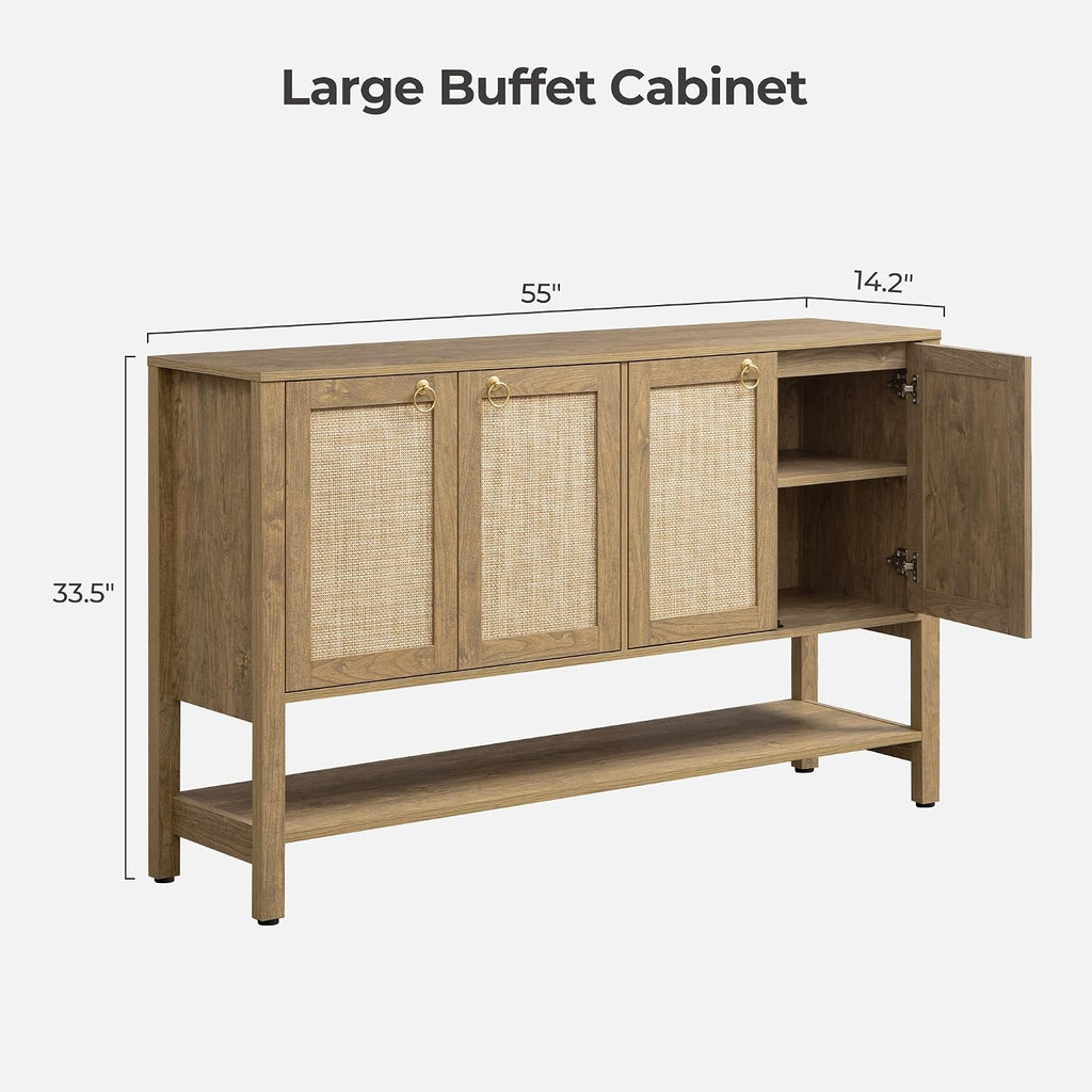 SICOTAS 55" Cherry Sideboard Buffet Cabinet with Rattan Doors, Rustic Farmhouse Coffee Bar Cabinet with Open Shelf, Warm Wood Credenza & Console Table for Kitchen, Dining Room, Entryway