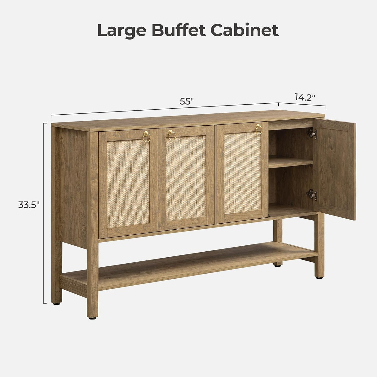 SICOTAS 55" Cherry Sideboard Buffet Cabinet with Rattan Doors, Rustic Farmhouse Coffee Bar Cabinet with Open Shelf, Warm Wood Credenza & Console Table for Kitchen, Dining Room, Entryway