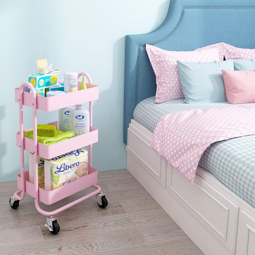 Metal Rolling Cart,3-Tier Pink Rolling Cart with Wheels,Metal Utility Cart with Wheels for Office,Home,Kitchen,Garden（13.4"x18.1"x31"） Pink