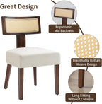 Rattan Dining Chairs Set of 2, Farmhouse Kitchen Chair with Cane Back & Wood Frame in Walnut Finish, Beige Linen Upholstered