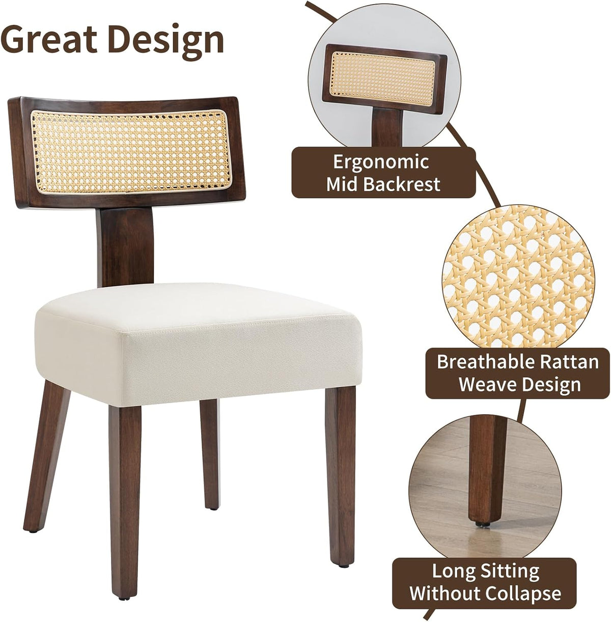 Rattan Dining Chairs Set of 2, Farmhouse Kitchen Chair with Cane Back & Wood Frame in Walnut Finish, Beige Linen Upholstered