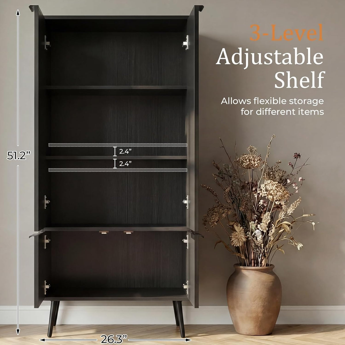 Ebony Fluted 51" Tall Wooden Kitchen Pantry Storage Cabinet Food Organize with Adjustable Shelves, Modern Accent Cabinet Sideboard Buffet for Dining Room, Entryway, Bathroom, Home Office