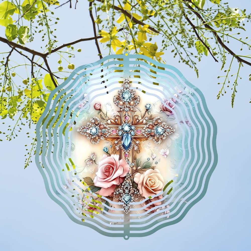 Cross Flower Wind Spinner, Metal Wind Spinners Outdoor/Indoor, God Cross Hanging Garden Decor for Outside, Stainless Wind Spinners for Yard and Garden 10 inch 3D (25.76X25 CM)