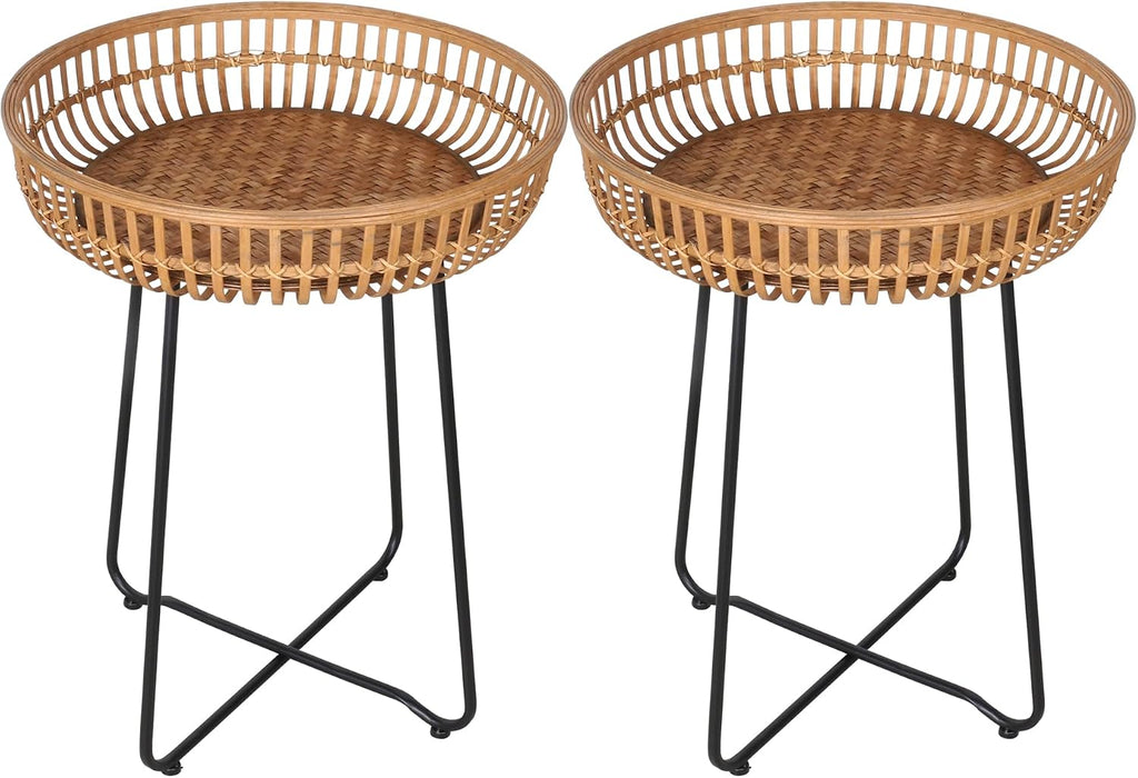 Oakrain Rattan End Table, Nesting Tables, Set of 2, Bamboo, Round, Metal Base, for Boho Living Room, Sofa, Bedroom, Terrace (18.11inch, Set of 2)