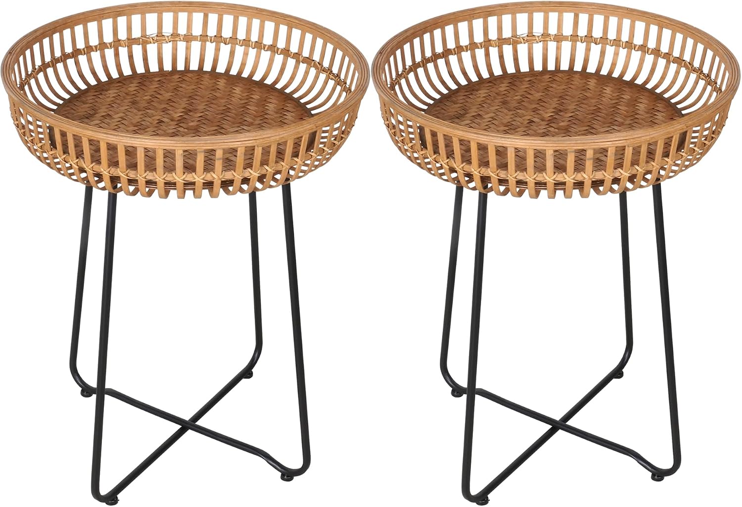 Oakrain Rattan End Table, Nesting Tables, Set of 2, Bamboo, Round, Metal Base, for Boho Living Room, Sofa, Bedroom, Terrace (18.11inch, Set of 2)