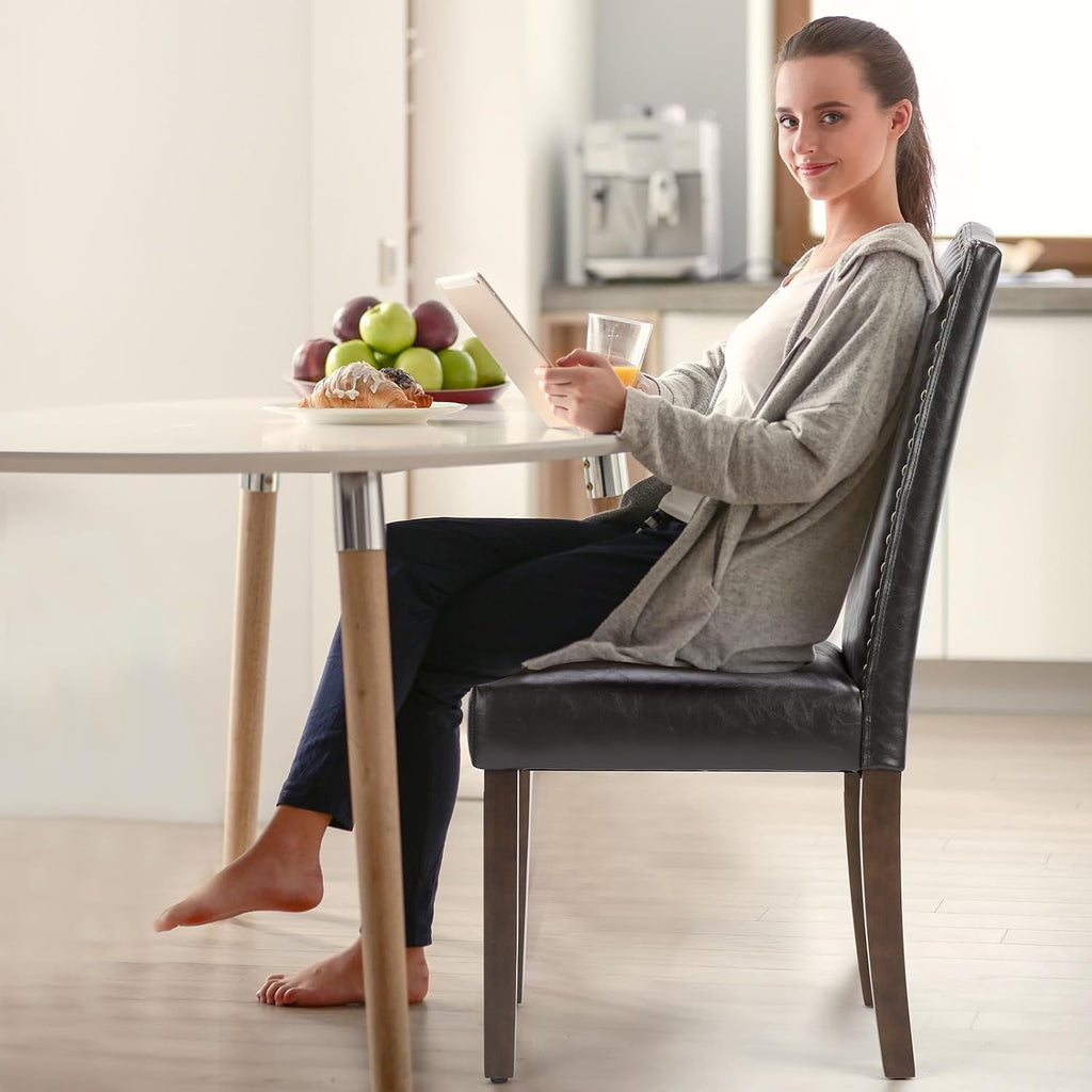 DUMOS Upholstered Dining Chairs，Set of 2 PU Leather Dining Room Kitchen Chair with Nailhead Trim and Wood Legs, Modern Side Chairs for Living Room-Brown